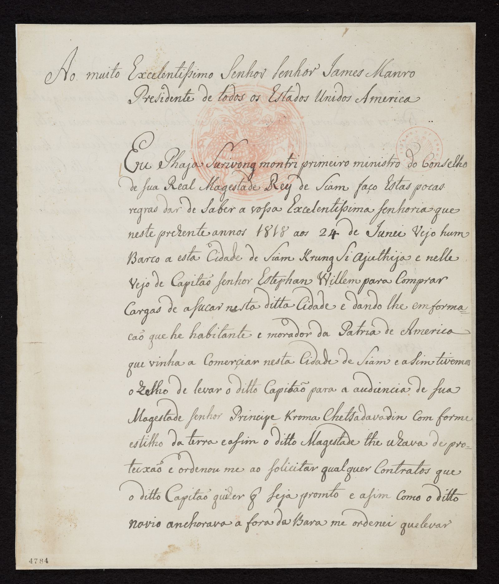 01 Letter from Phaja Surivongmontri (Dit Bunnag) to President James Monroe 1818 Part 1.jpg