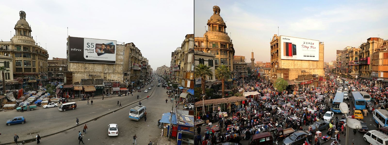 AFP-ภาพเปรียบเทียบกรุงไคโรของอียิปต์ช่วงก่อนและหลังประกาศมาตรการกักตัวและเคอร์ฟิวเพื่อป้องกันโควิด-COVID19.jpg