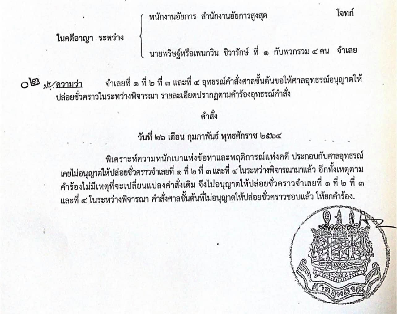 ศาลอุทธรณ์ไม่ให้ประกัน 4 ราษฎร 