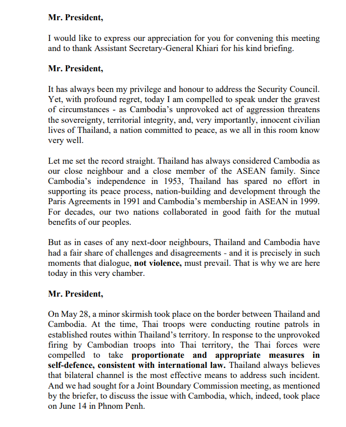 ถ้อยแถลงของไทยต่อสถานการณ์ชายแดนไทย - กัมพูชา ณ ที่ประชุมคณะมนตรีความมั่นคงแห่งสหประชาชาติ 2