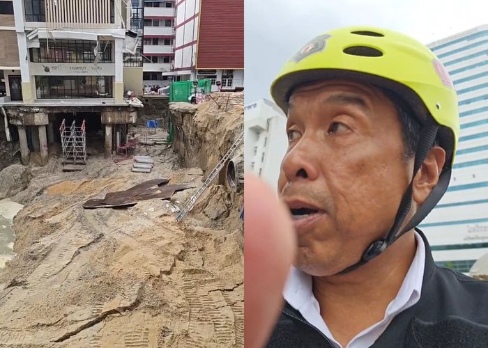 ถนนทรุดสามเสน ฝนตกยังไม่เป็นอุปสรรค ค้ำยัน สน.สามเสน เดินหน้าถมทราย คาดเปิดใช้ถนนได้ 9 ต.ค.นี้